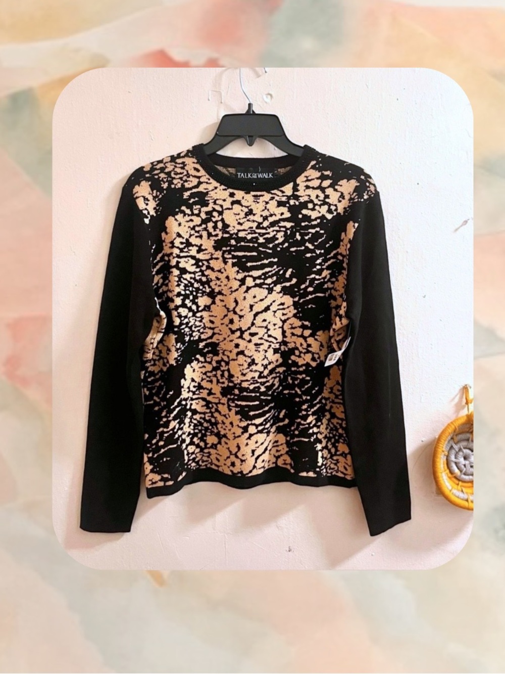 π gold metallic & black abstract animal print sweater with rhinestone neckline